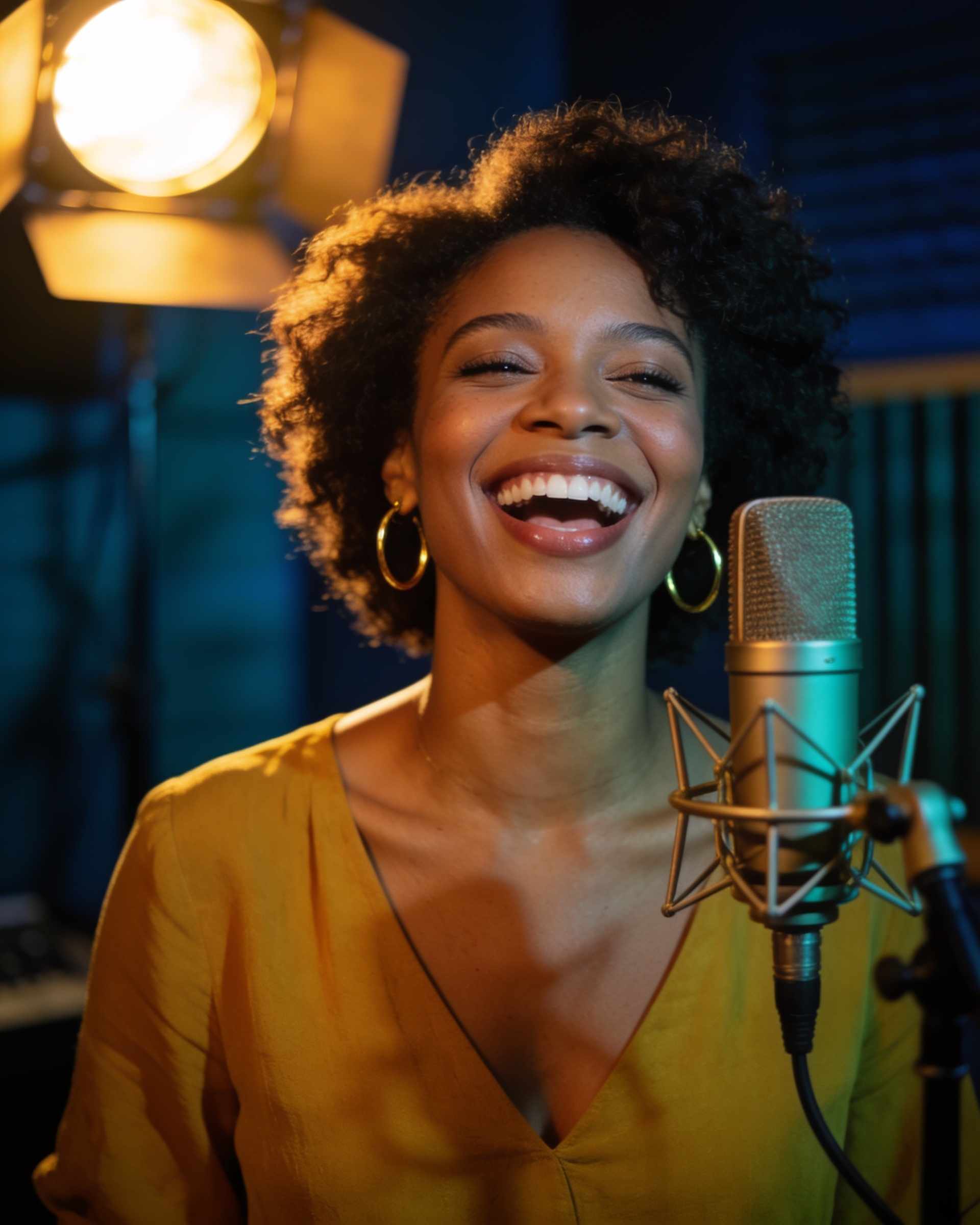 Portrait of a laughing woman with natural curls and gold hoops by a vintage microphone in a studio.