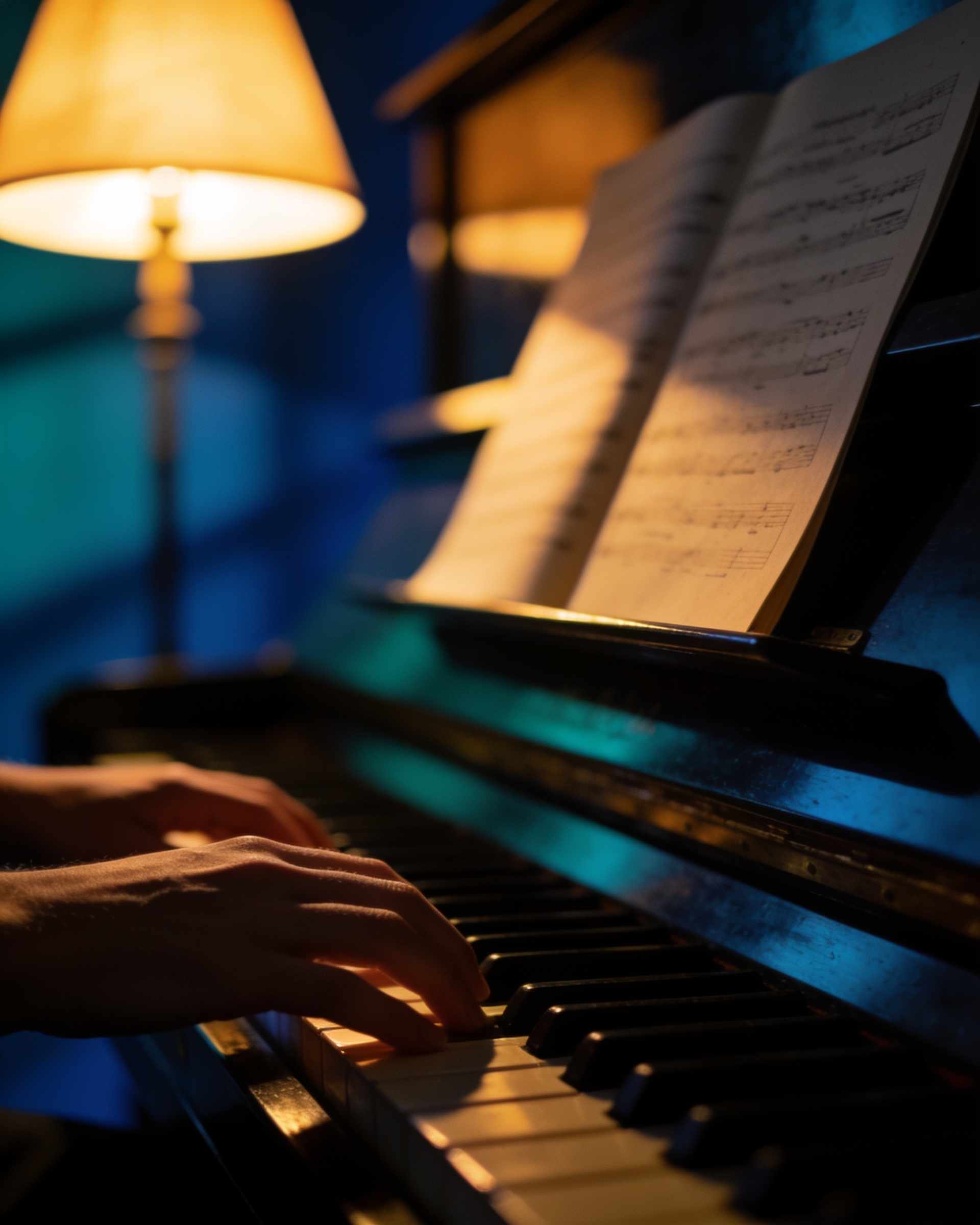 Two hands on the keys of a grand piano lit by a warm lamp, sheet music out of focus behind.