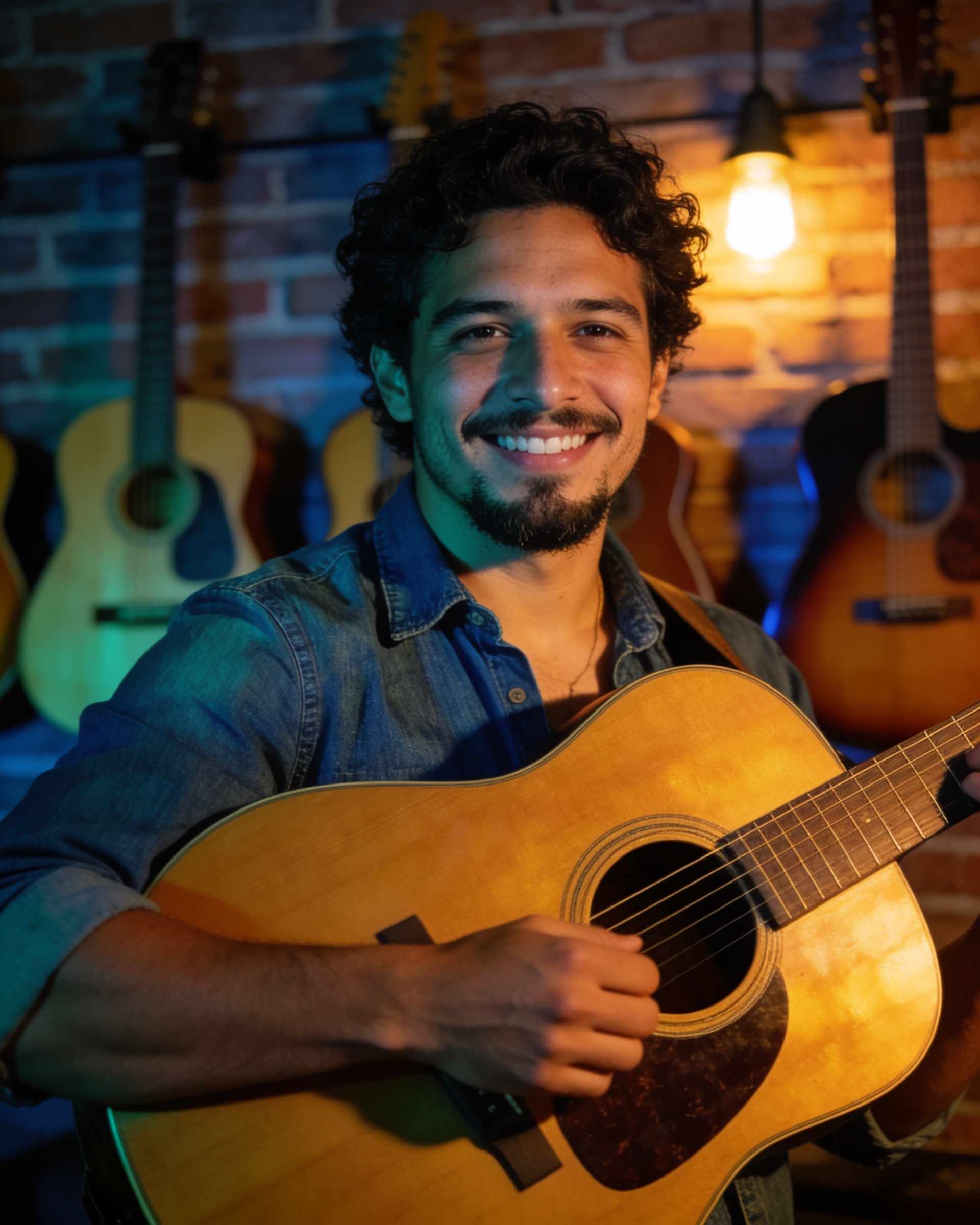 Portrait of a smiling man with curly dark hair and a short beard holding an acoustic guitar, guitars on a brick wall behind.