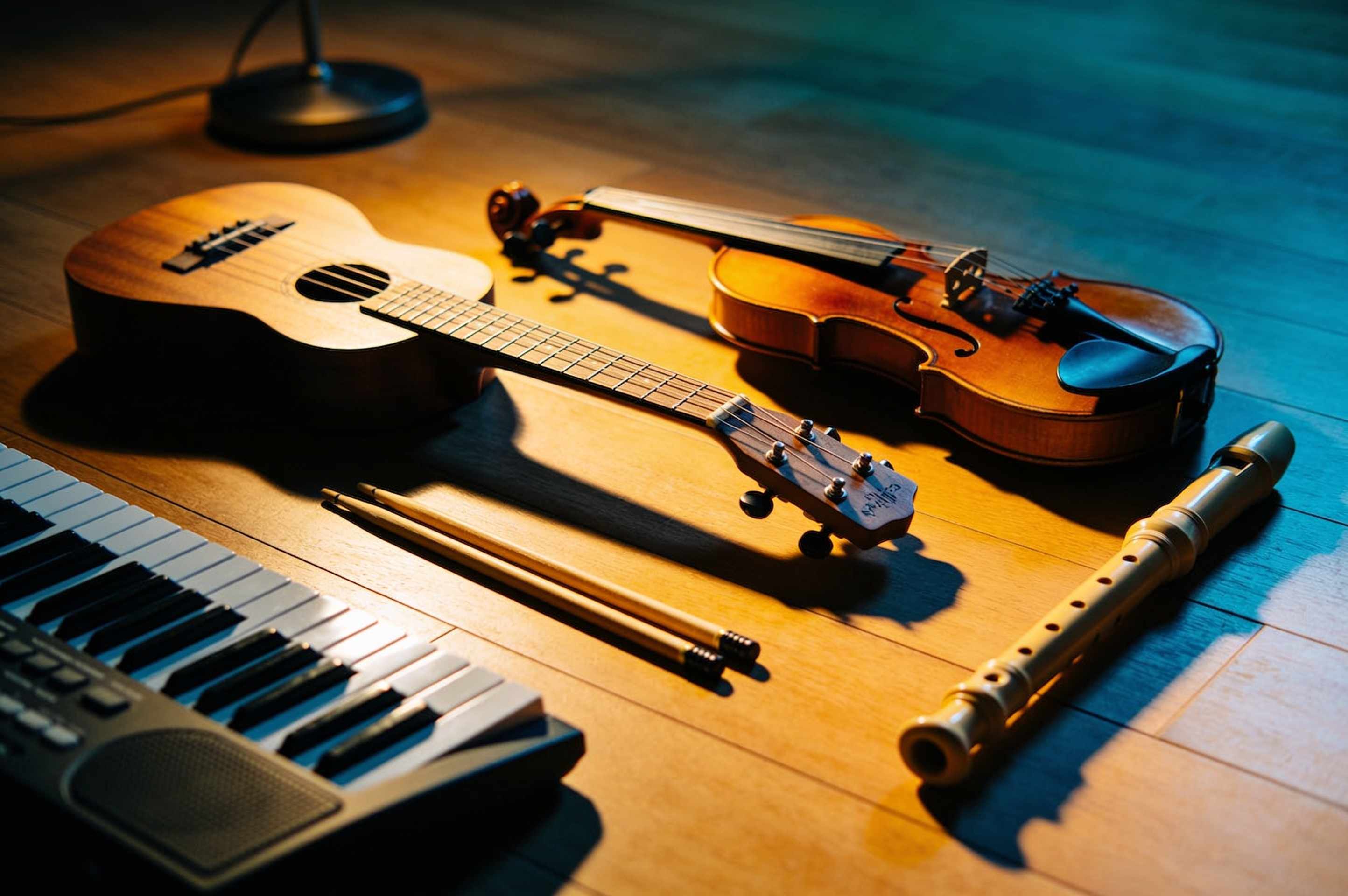 A ukulele, a violin, a small keyboard, drumsticks and a recorder laid out on a wooden floor in morning light.