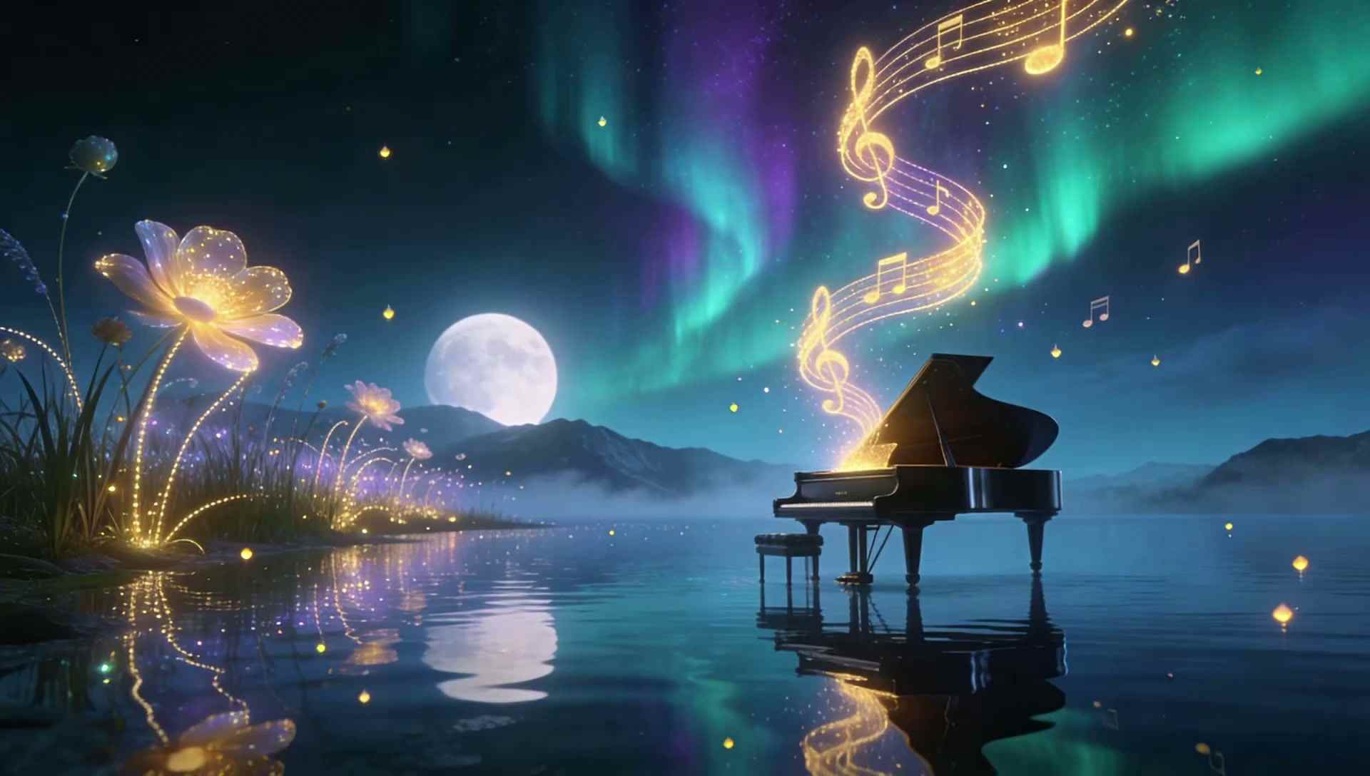 A grand piano standing on a still lake at night under the northern lights, a ribbon of glowing golden notes spiralling up from it and luminous flowers on the shore.