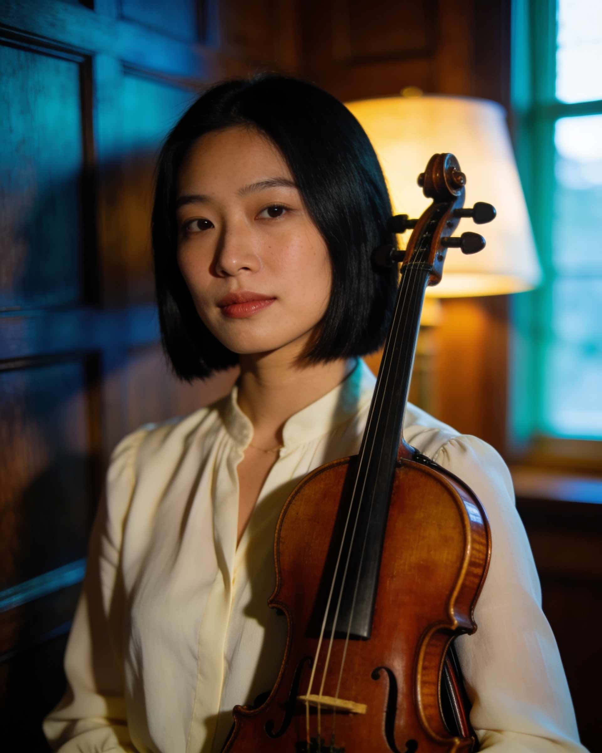 Portrait of a calm woman with a sleek black bob in a cream blouse holding a violin in a wood-panelled room.