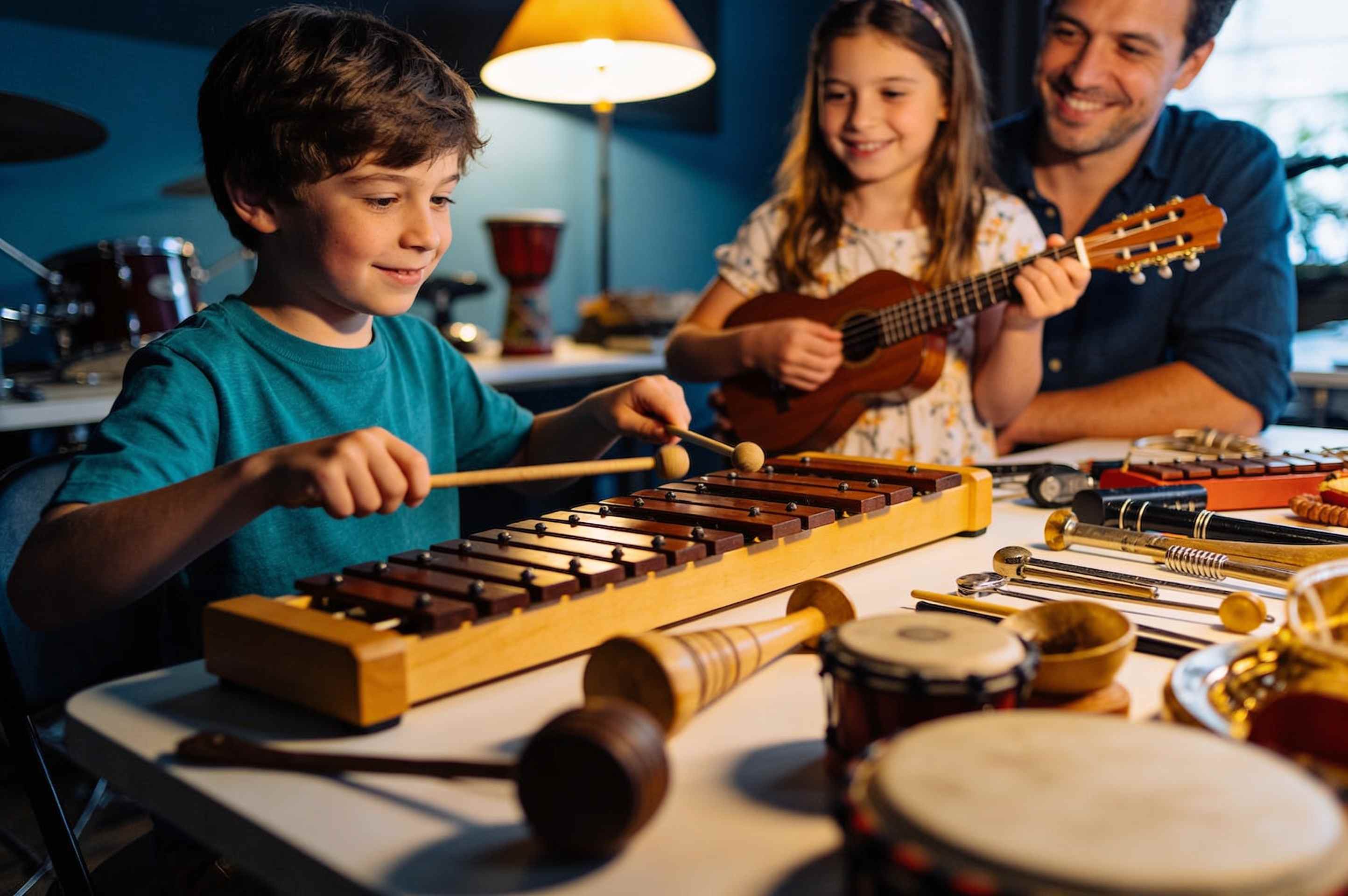 Children trying instruments at an open house, a boy at a xylophone and a girl with a ukulele, parents smiling.