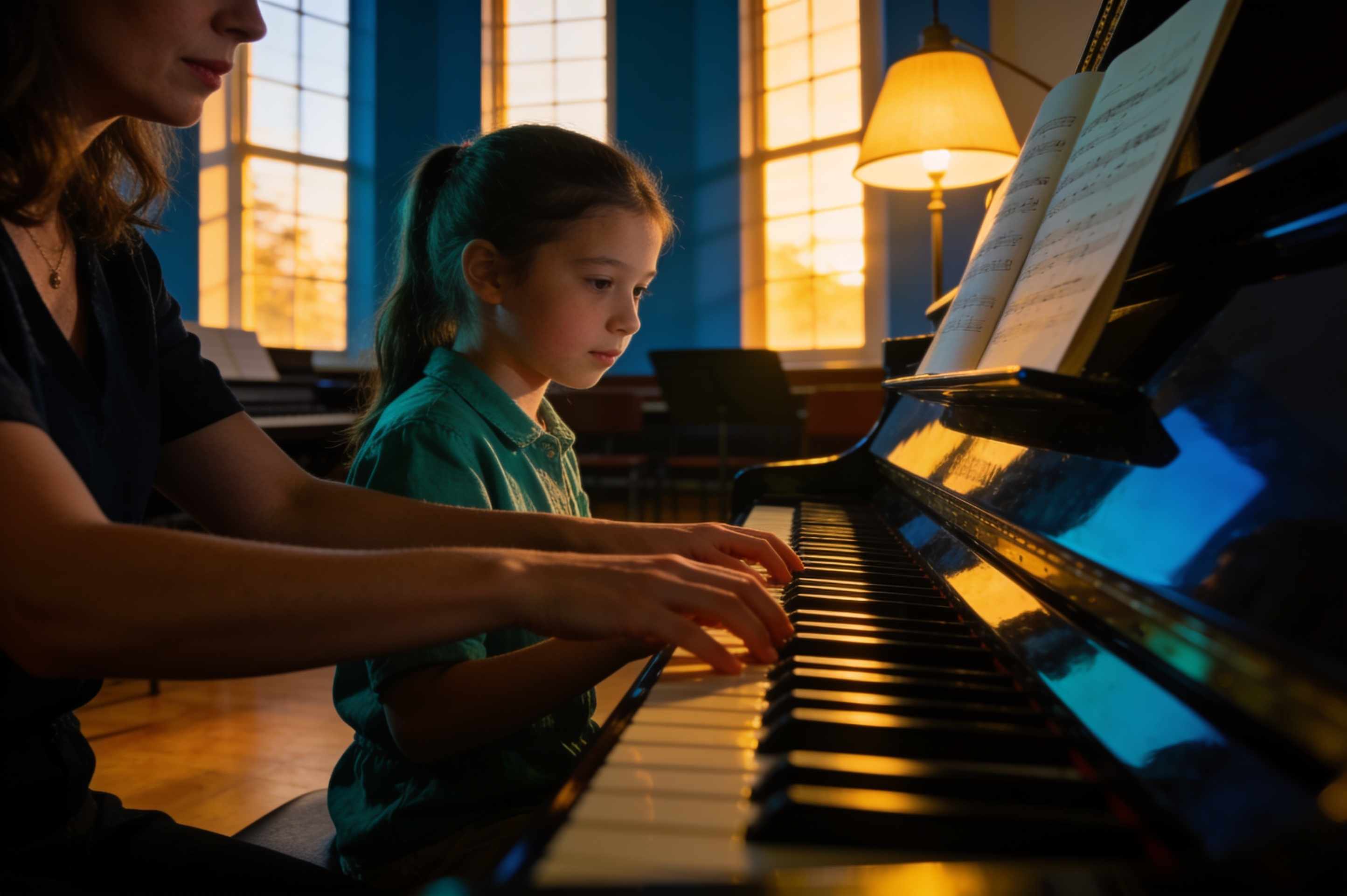 A girl playing a grand piano in a warm room by tall windows, her teacher’s hands beside hers on the keys.