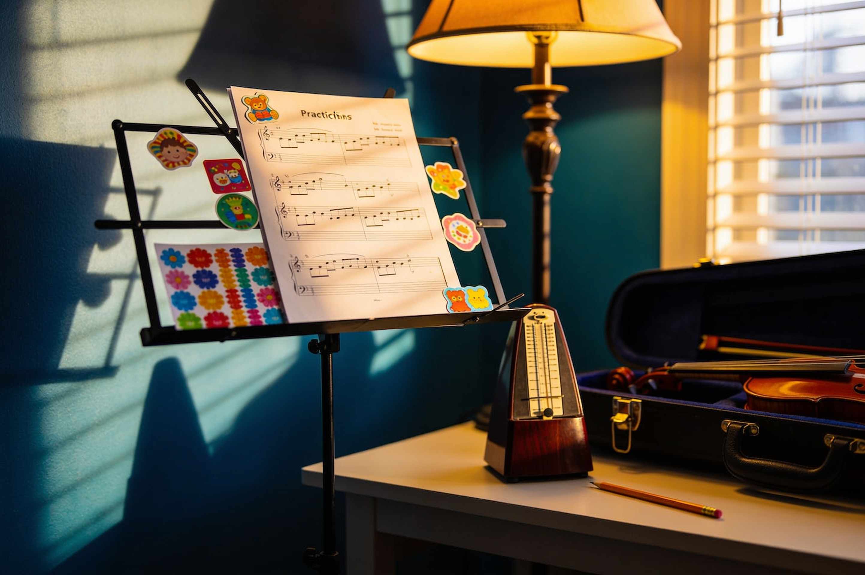 A practice corner with a music stand, a sticker chart, a metronome and a violin case in afternoon light.