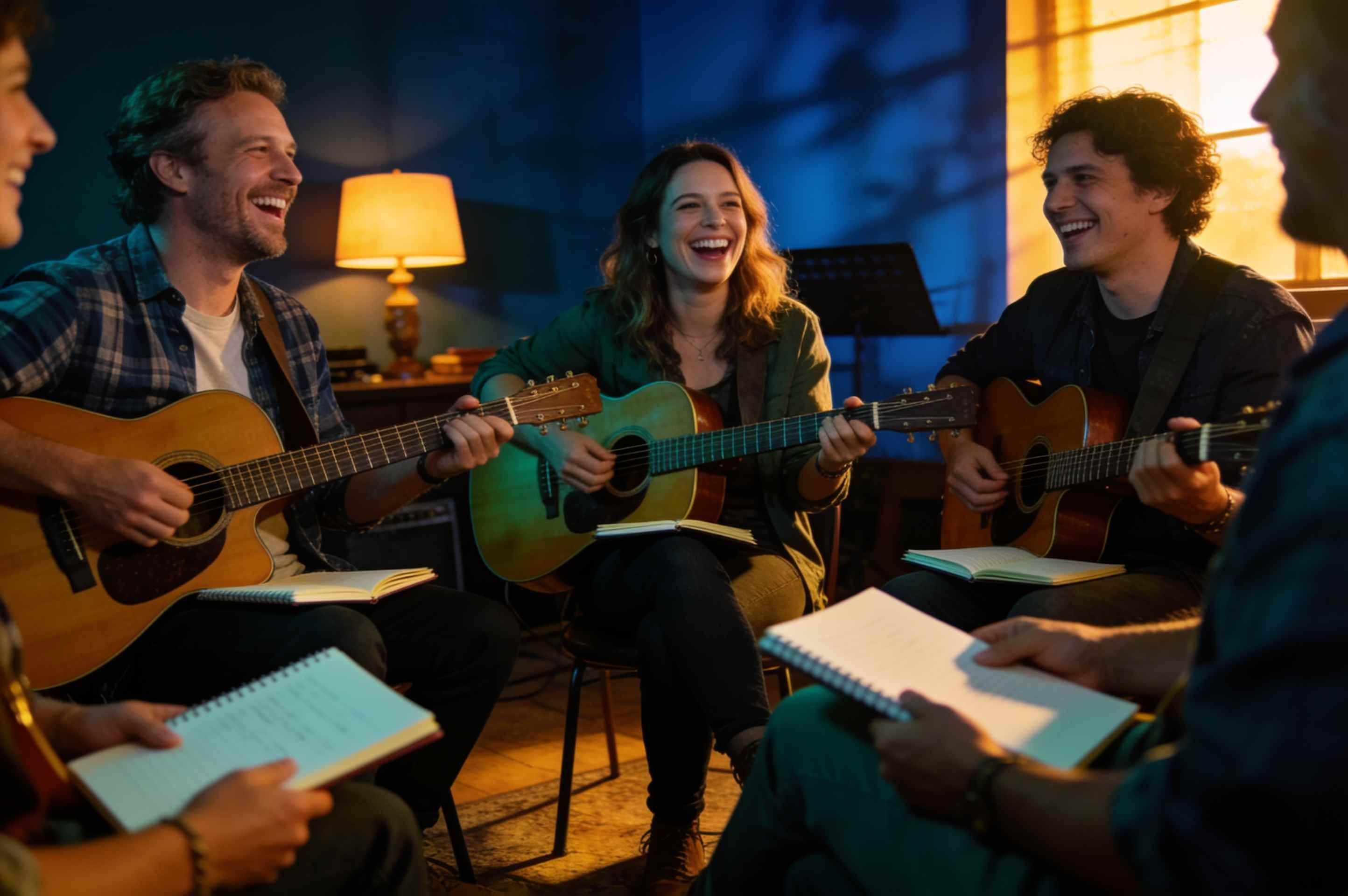 A circle of adults with guitars and notebooks laughing at a songwriting workshop in a cozy room.