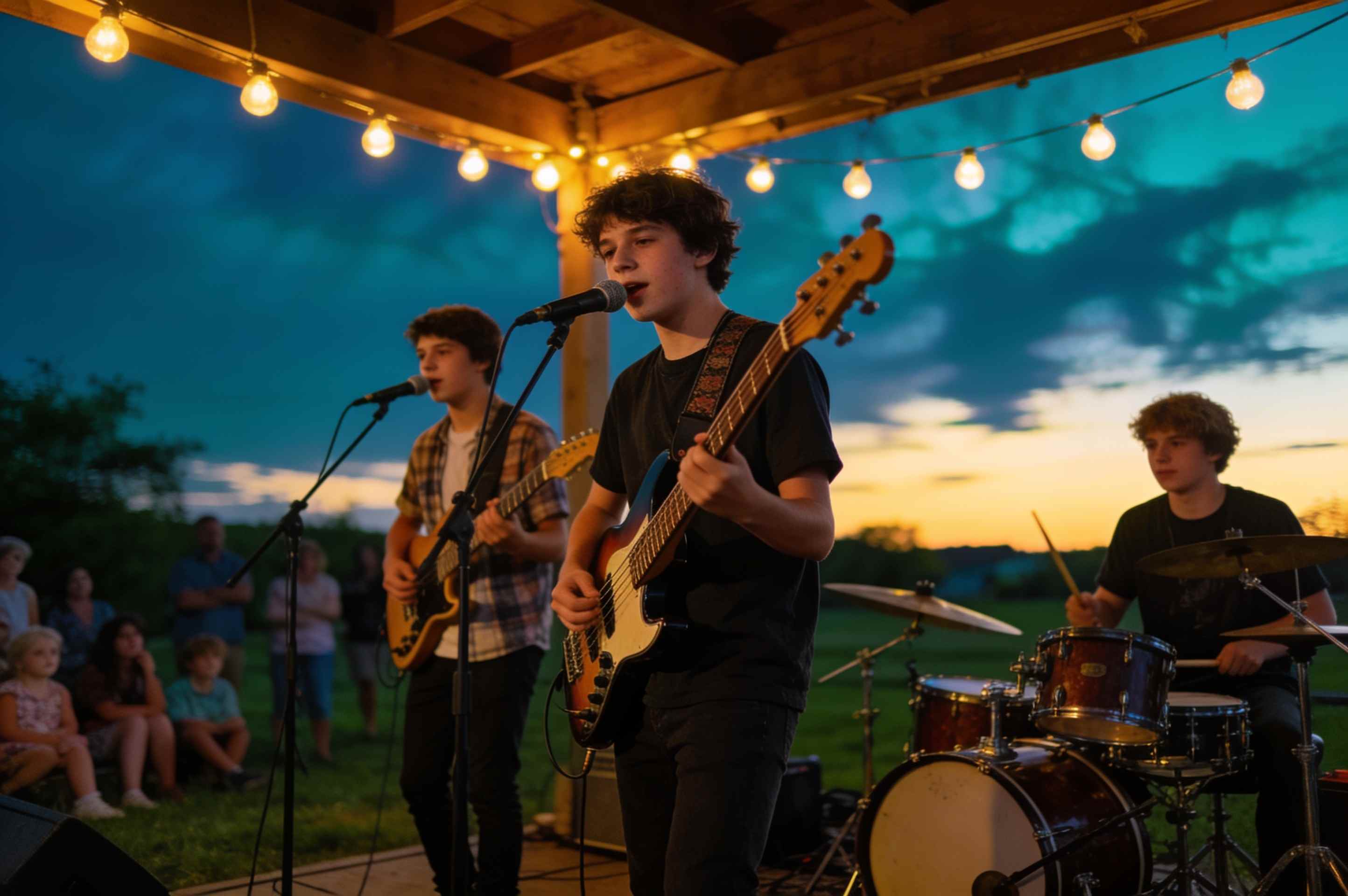 A teenage band playing guitar, bass and drums on an outdoor stage under festoon lights at dusk.