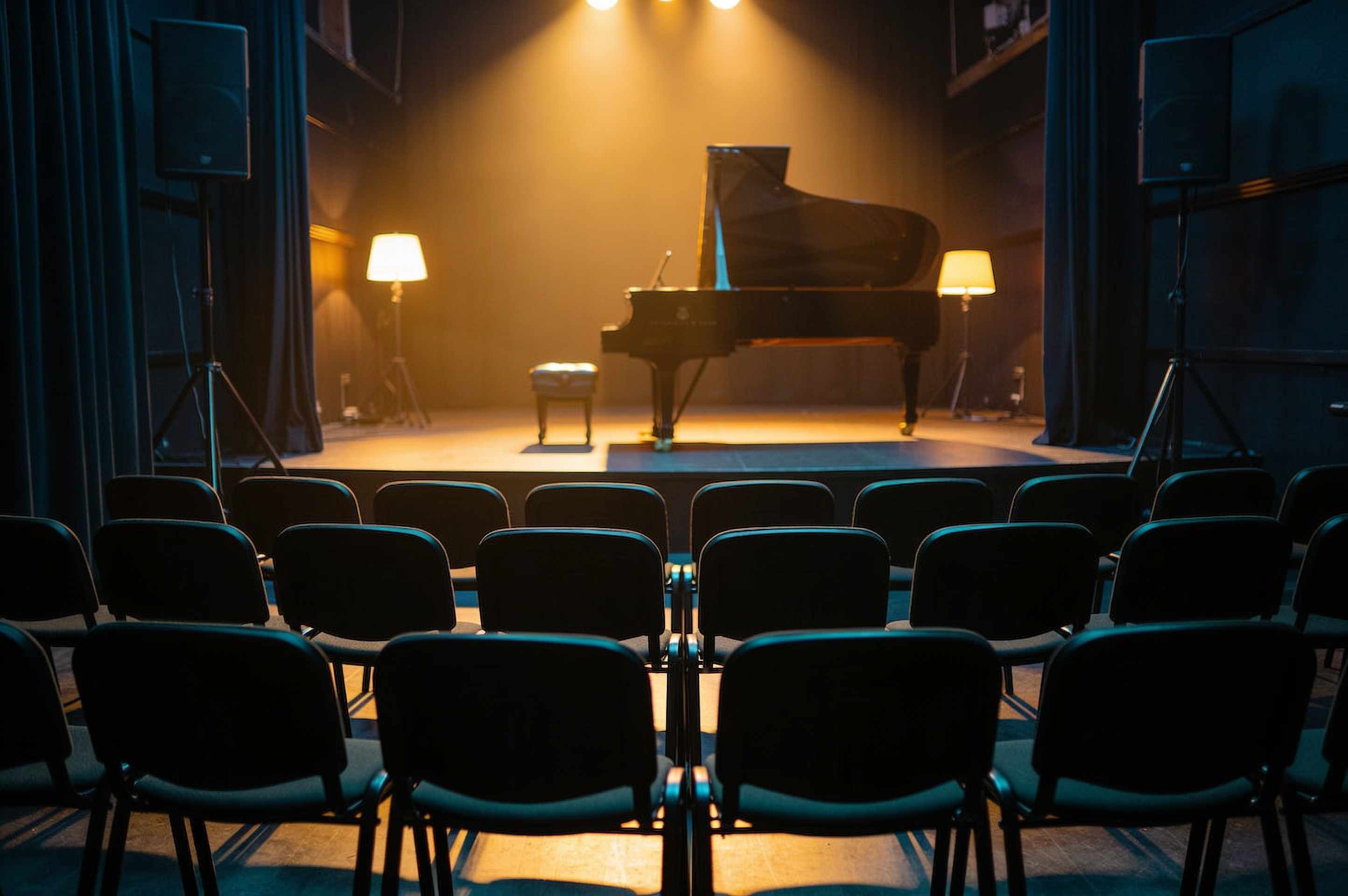 An empty small concert stage with a grand piano under a warm spotlight and rows of empty chairs.
