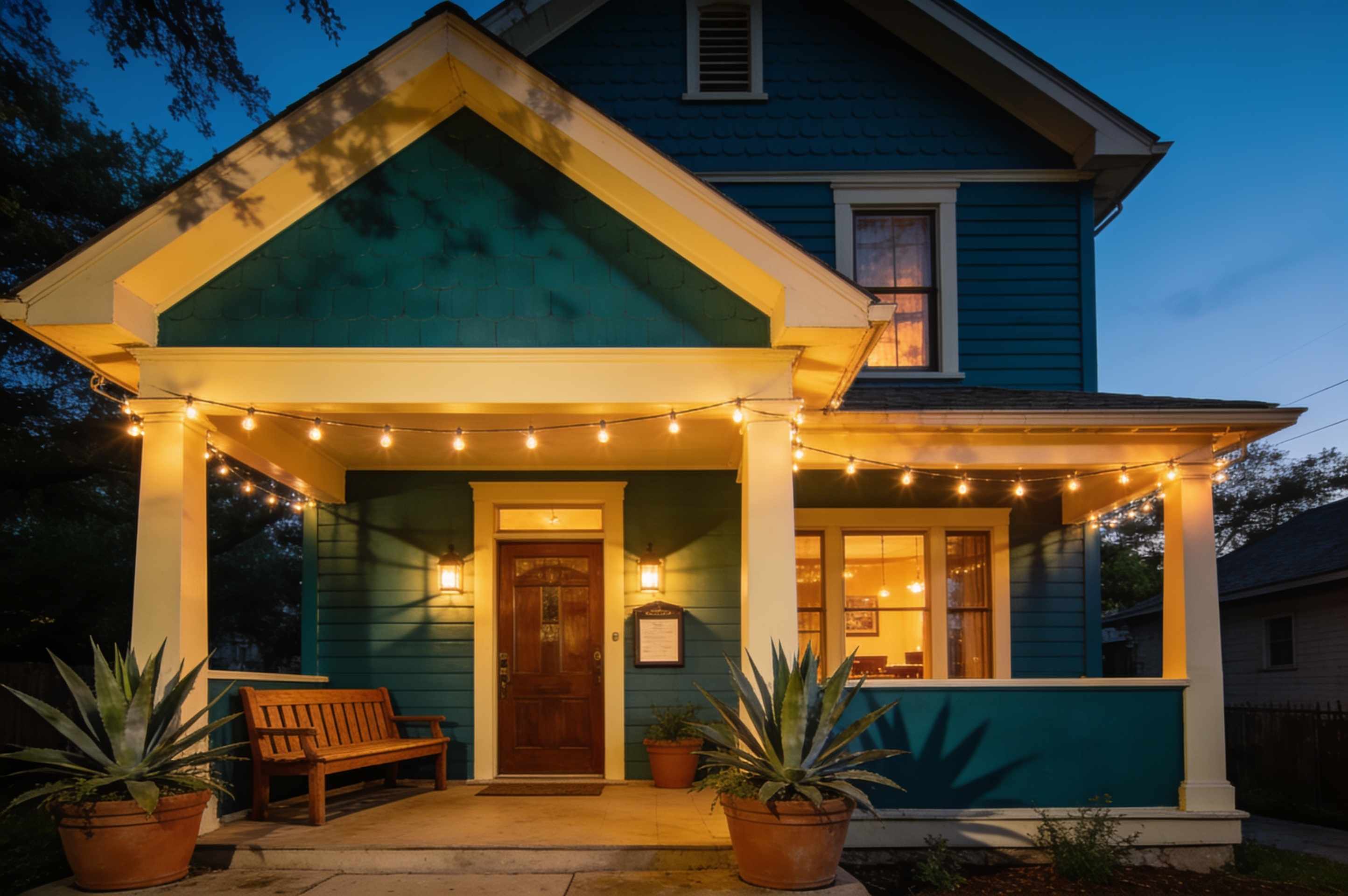 A teal two-storey bungalow with a cream porch, string lights, potted agaves and a bench, in warm evening light.